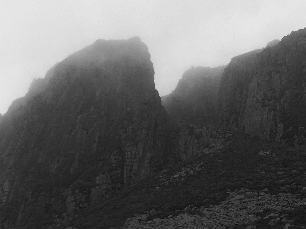 The "castles" of Commedagh cloaked in mist.